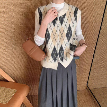 Diamond Knit Vest Cardigan Lightweight Polyester
