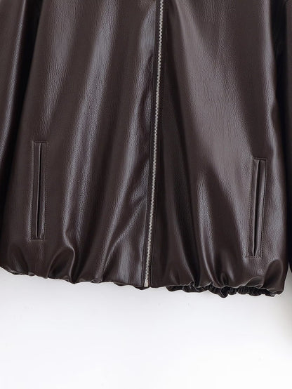 Simple Zipper Lapel Oversize Leather Jacket