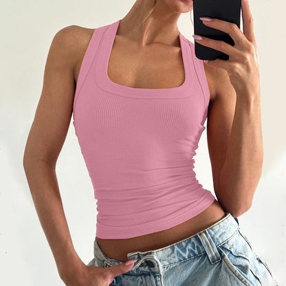 Solid Color Fitted Crop Top with U-Neck
