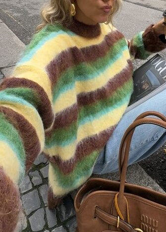 Fuzzy Wool Sweater With Vibrant Stripes