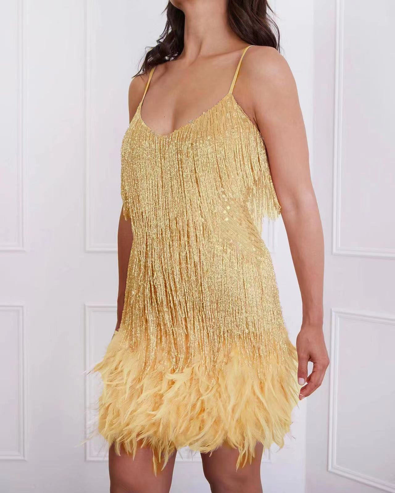 Stylish Fringed Sequin Feather Panels Dress Dress