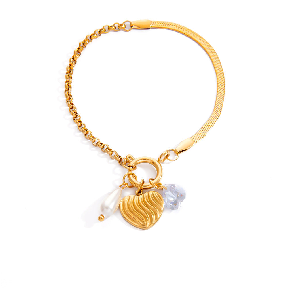 Stainless Steel Pearl Heart Pendant Bracelet Handcrafted DIY 18K Gold Plated Fashion Jewelry