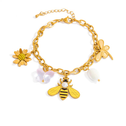 Stainless Steel Pearl Bracelet With Cherry And Bee Pendant