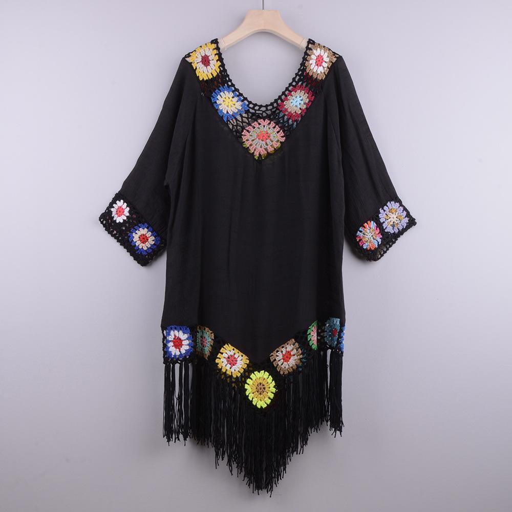 New Off The Shoulder Half Sleeve Hook Pattern Stitching Irregular Tassel Beach Cover Up Shirt Ethnic Style Dress