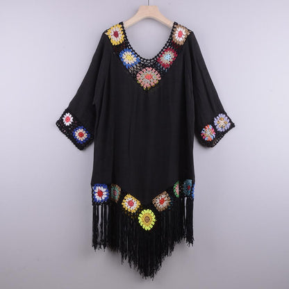 New Off The Shoulder Half Sleeve Hook Pattern Stitching Irregular Tassel Beach Cover Up Shirt Ethnic Style Dress