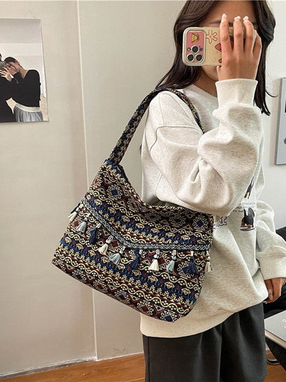 Trendy Ethnic Style Large Canvas Tote Bag with Fringe