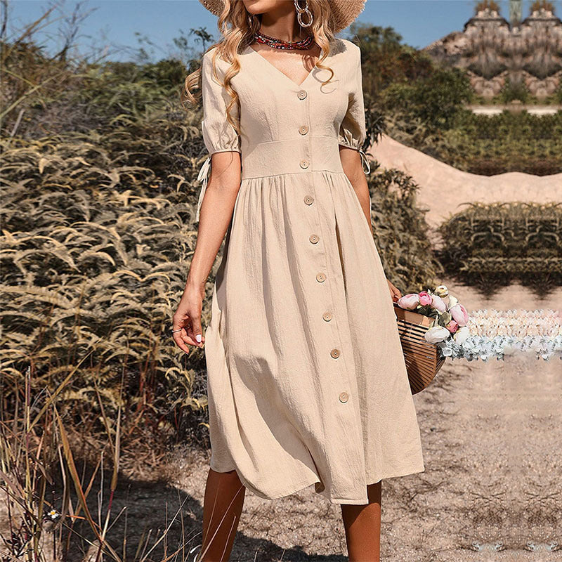 Summer New Women'S Midi Skirt Short Sleeve V-Neck Solid Color Dress