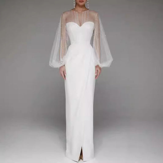 Chic Pearl Detail Long Sleeve Dress