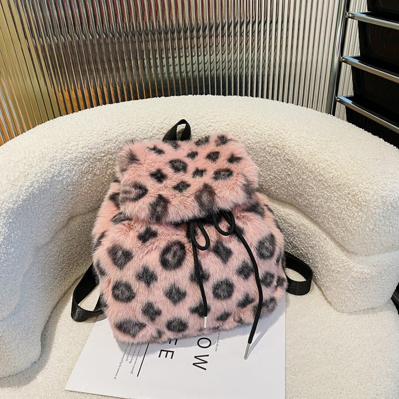 Leopard Print Plush Backpack Soft Fur Drawstring Bag