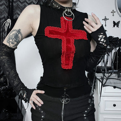 Trendy Cross Design Sleeveless Vest Top Casual Streetwear