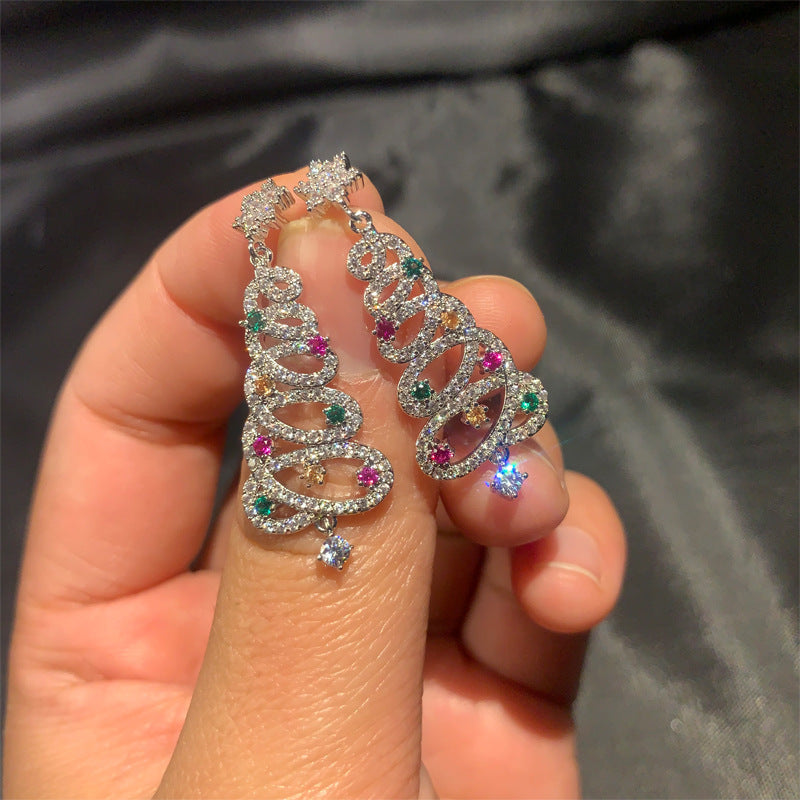 Colorful Rhinestone Christmas Tree Tassel Dangle Earrings