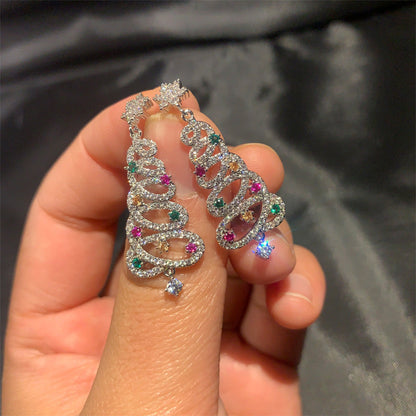 Colorful Rhinestone Christmas Tree Tassel Dangle Earrings