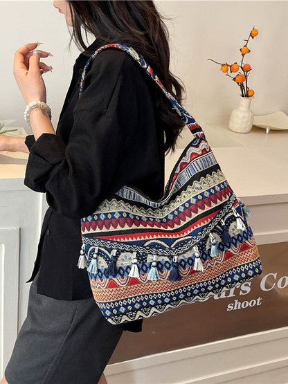 Trendy Ethnic Style Large Canvas Tote Bag with Fringe