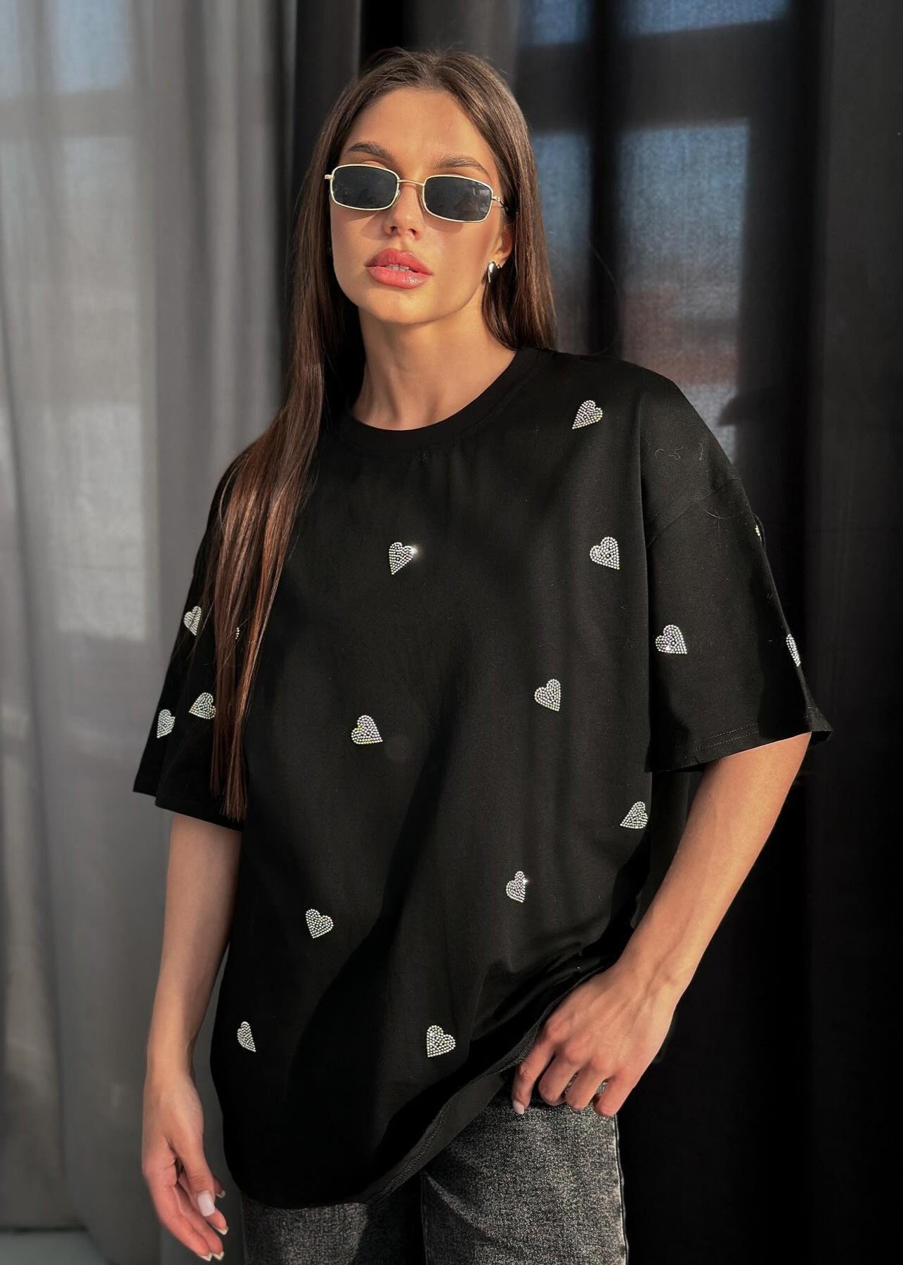 Oversized Black Cotton T Shirt With Sparkling Hearts