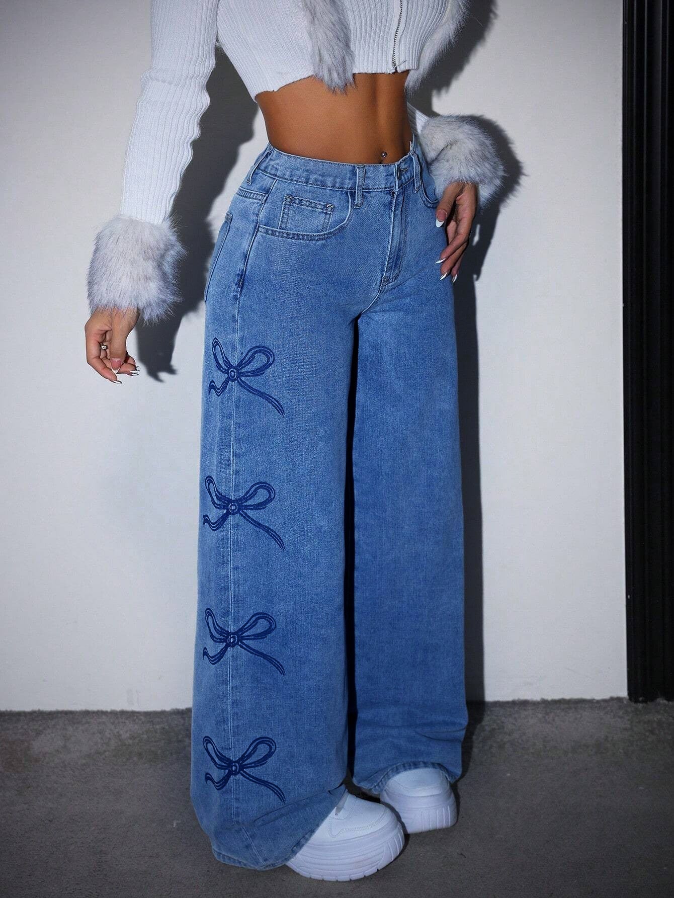 Casual Bow Print High Waist Baggy Jeans
