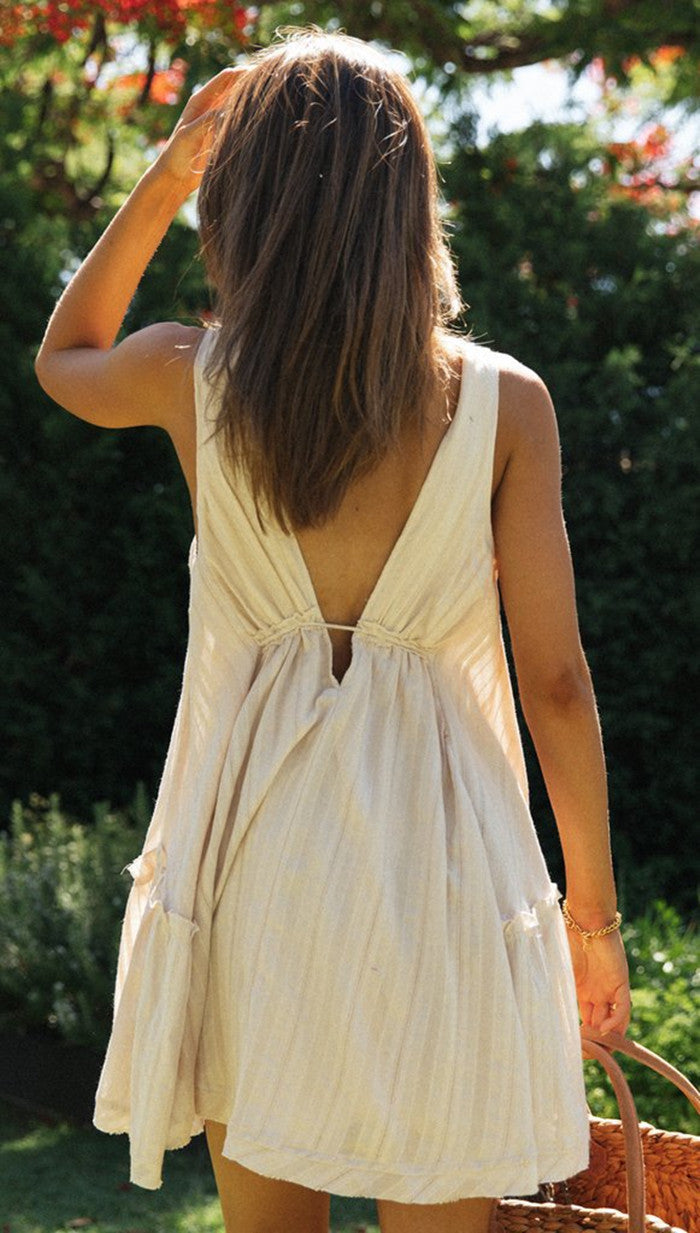 V-Neck Drawstring Irregular Sleeveless Mini Dress