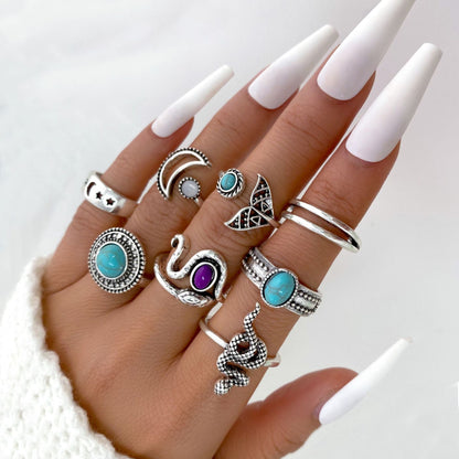 9-Piece Set Of Vintage Crying Face Rings, Playing Card Rings, Hollowed Out Love Rings, Daisy Rings, Alloy Chain Rings