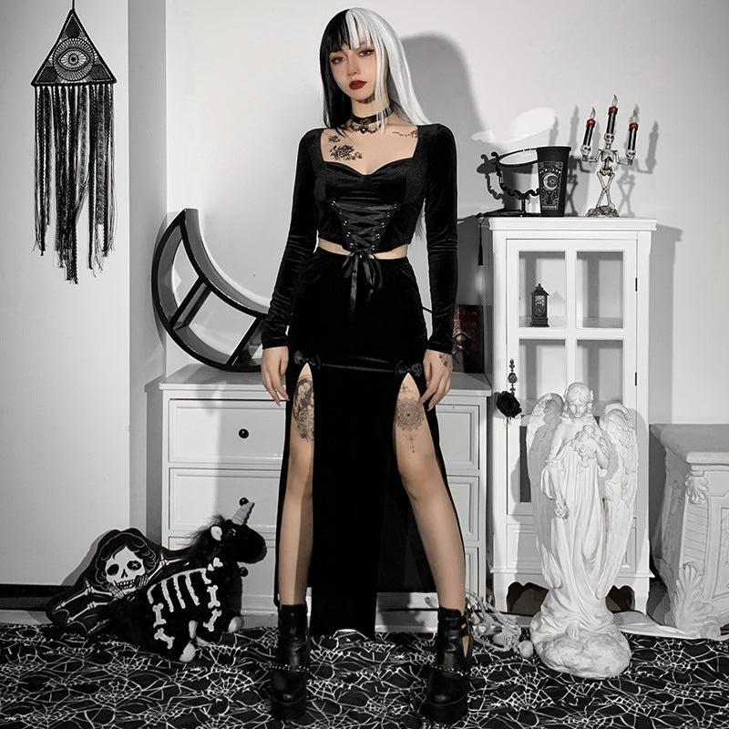 Punk Style High Waist Split Maxi Skirt with Bow