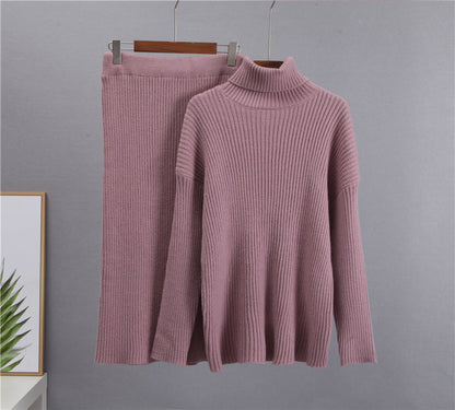 Ribbed Knit Turtleneck Sweater Midi Skirt Set