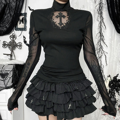 Black Mesh Long Sleeve Top With Cross Design