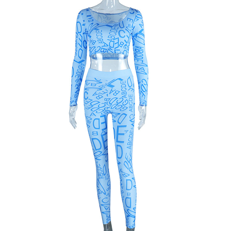 Trendy Letter Print Round Neck Long Sleeve Top & High-Waisted Leggings Set