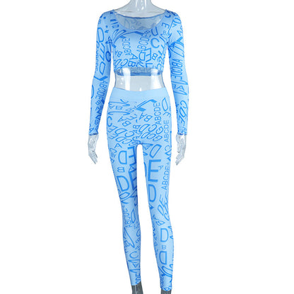 Trendy Letter Print Round Neck Long Sleeve Top & High-Waisted Leggings Set