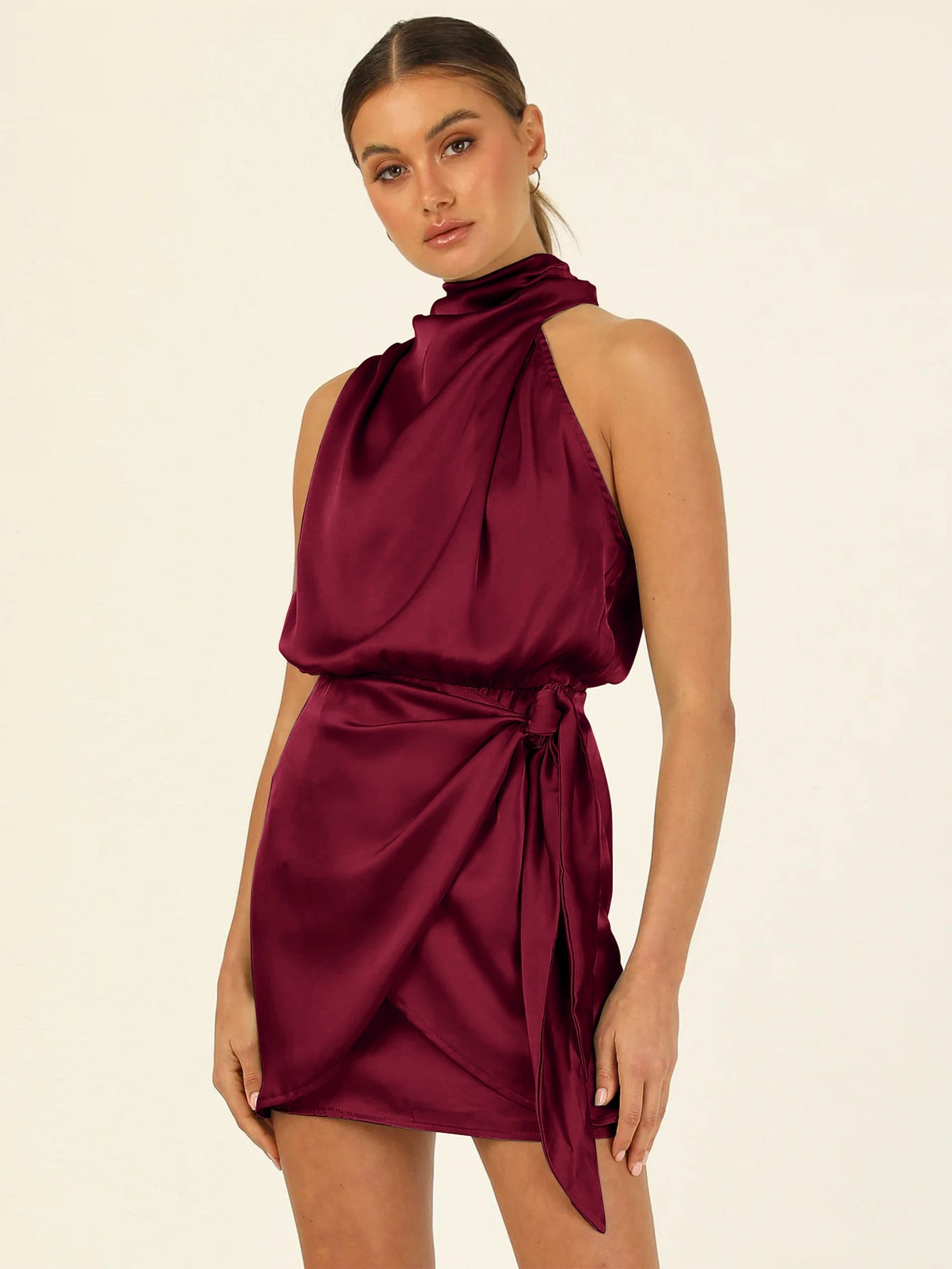 Elegant Satin Halter Dress with High Waist Design
