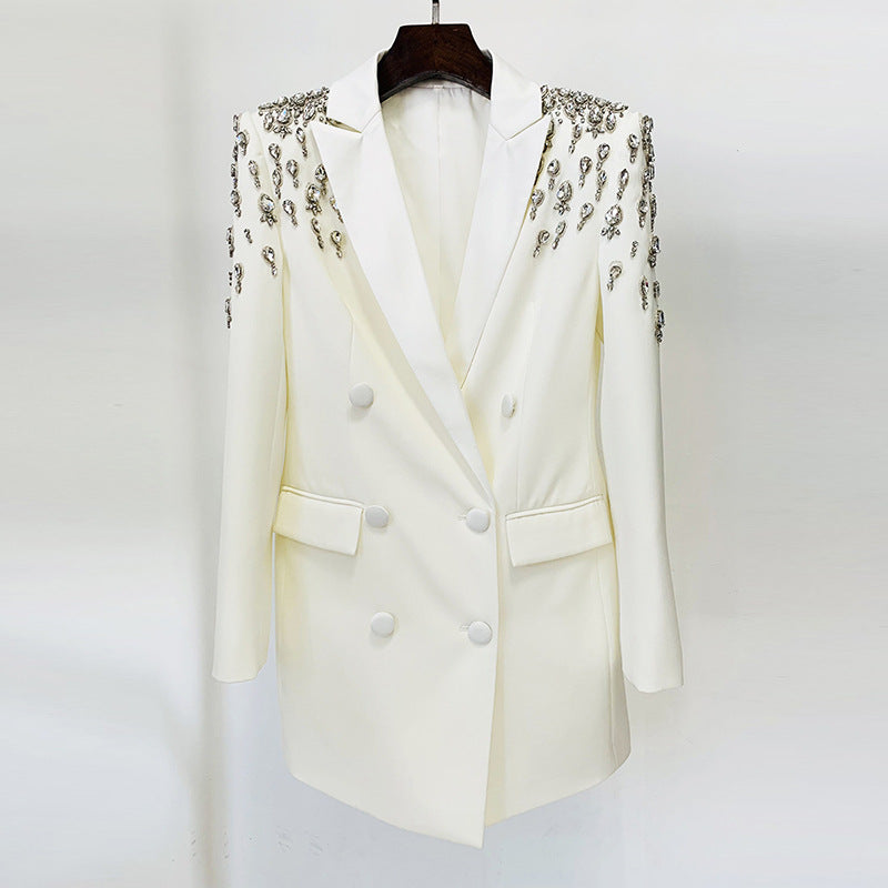 Chic Long Blazer With Beaded Embellishments