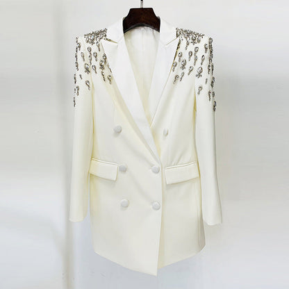 Chic Long Blazer With Beaded Embellishments