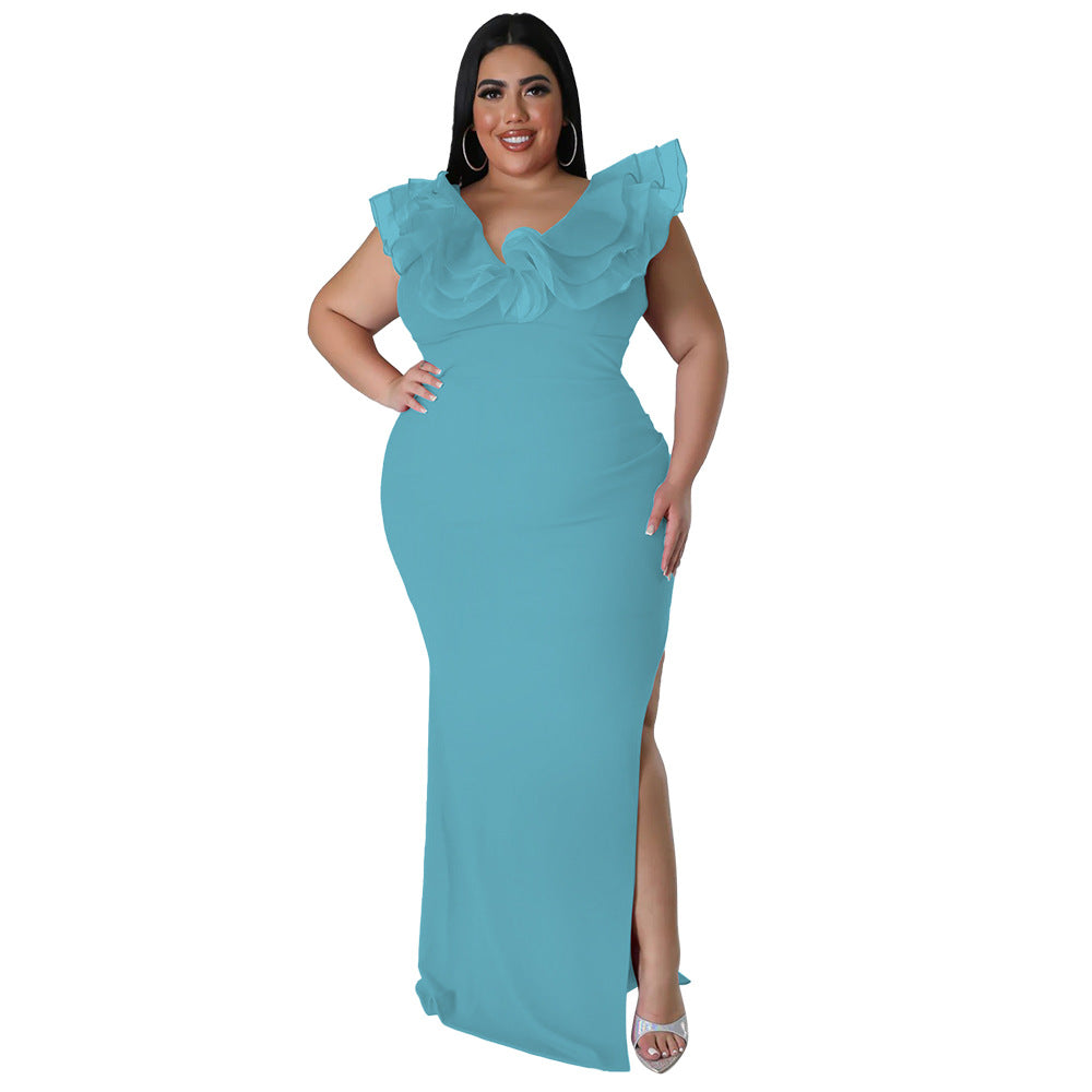 Solid Color Bodycon Dress Elegant V-Neck Long Dress