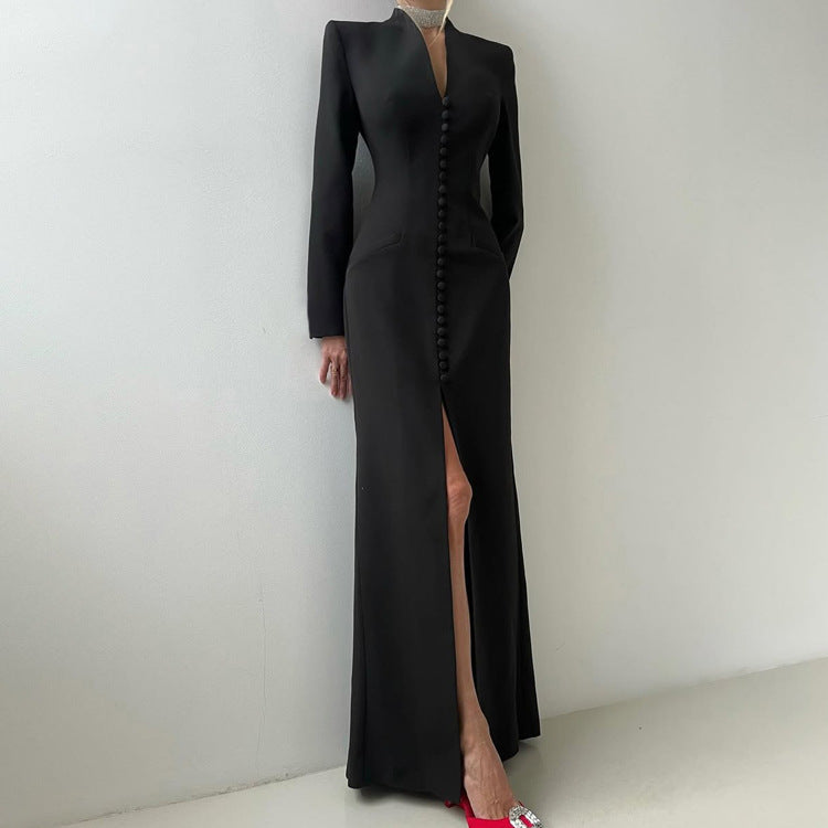 Elegant V-Neck Long Sleeve High Waist Split Midi Dress