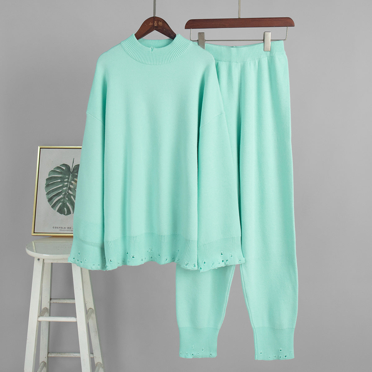 Ripped Sweater Set Women's Casual Knit Pants And Round Neck Sweater