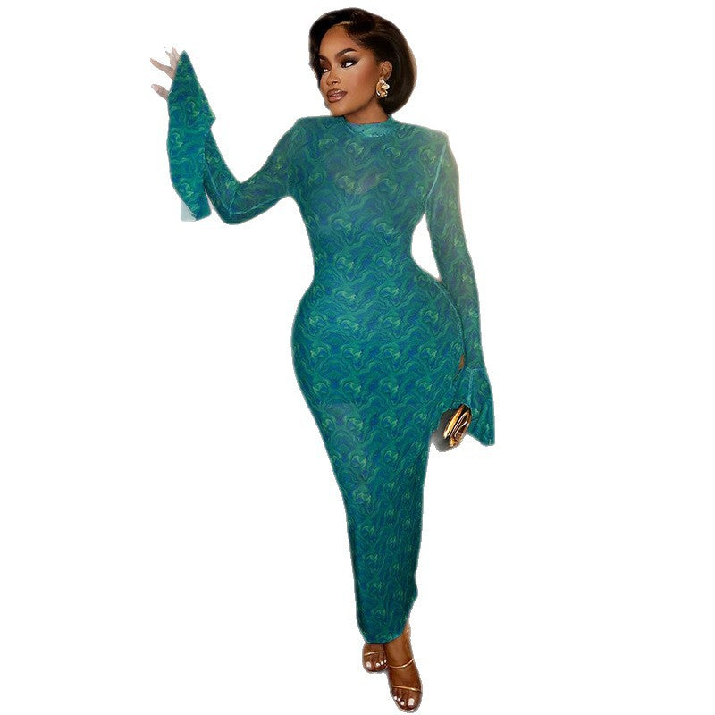 Elegant Vintage Bodycon Dress With Round Neck And Long Sleeves