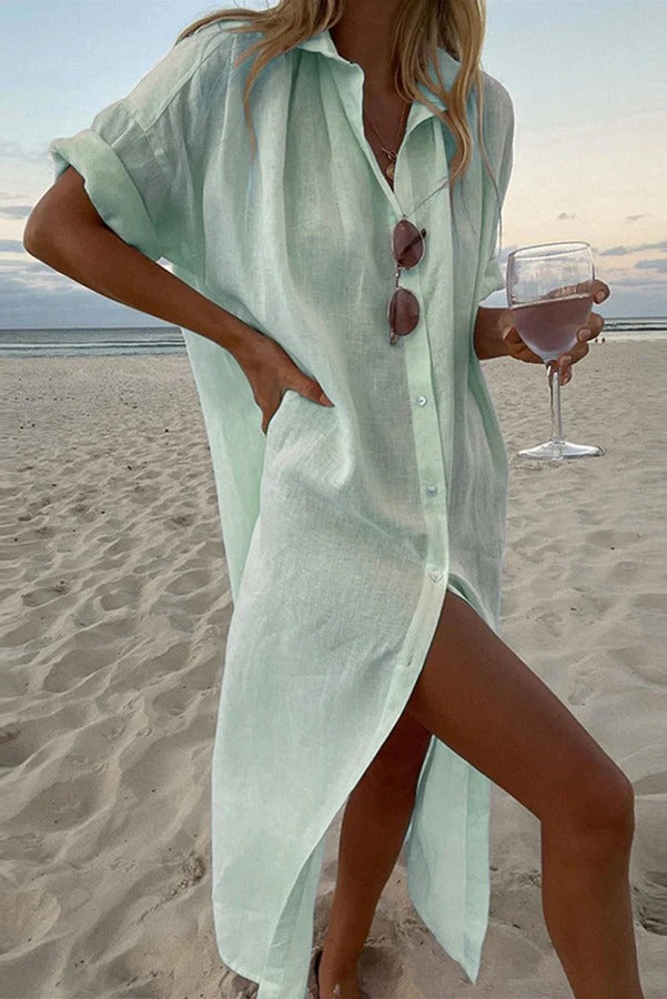 Solid Color Casual Long Sleeve Midi Cotton Linen Shirt Dress