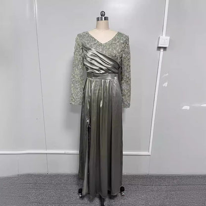 Lace A-Line Long Dress In Black And Dark Green
