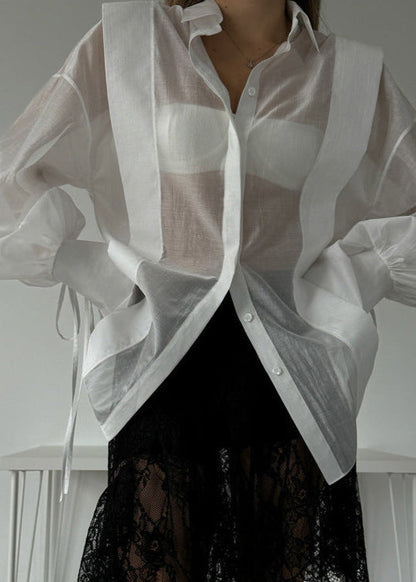 Oversized Cotton Blend Shirt with Ribbon Tie Sleeves