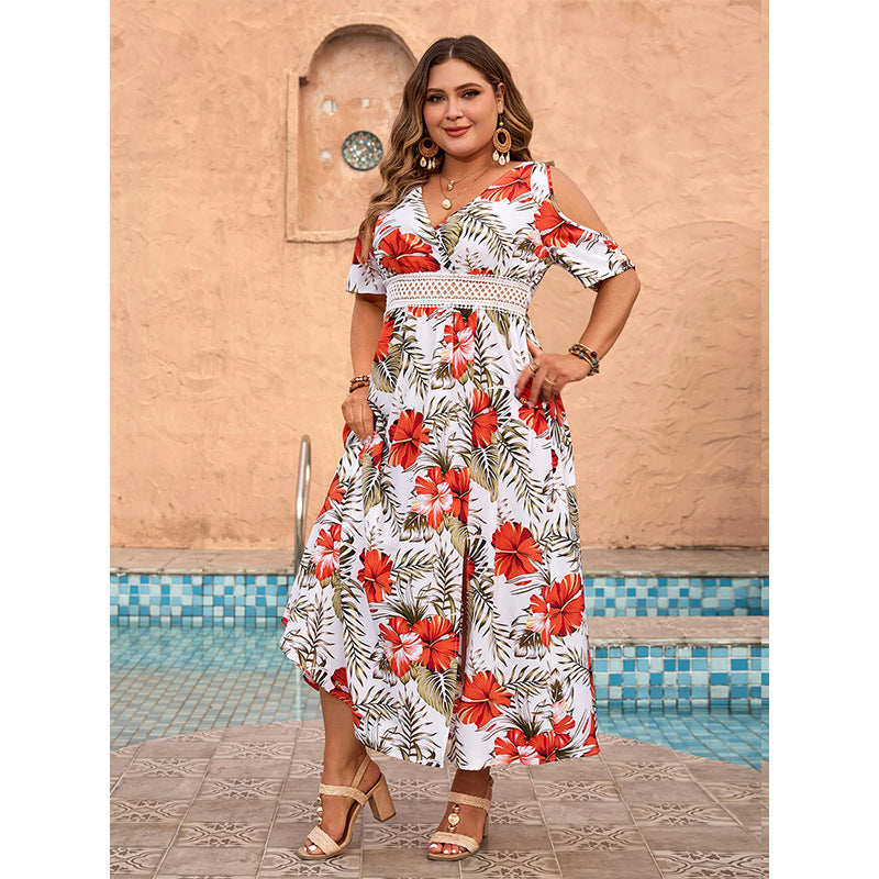 White Floral Print Off-Shoulder Dress V-Neck Loose Maxi Dress
