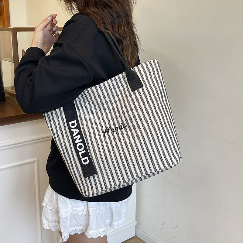Stylish Stripe Canvas Tote Bag Large Capacity Casual Commuter Bag