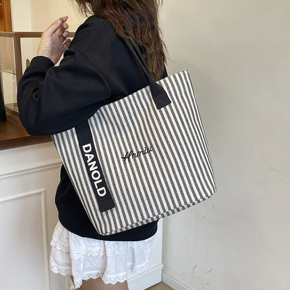 Stylish Stripe Canvas Tote Bag Large Capacity Casual Commuter Bag