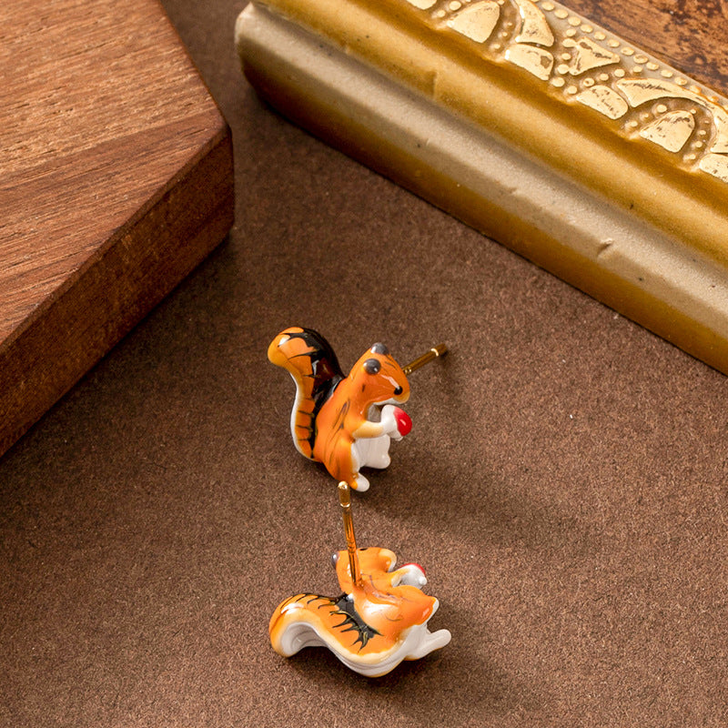 Sweet Forest-Inspired Hand-Painted Enamel Squirrel Earrings