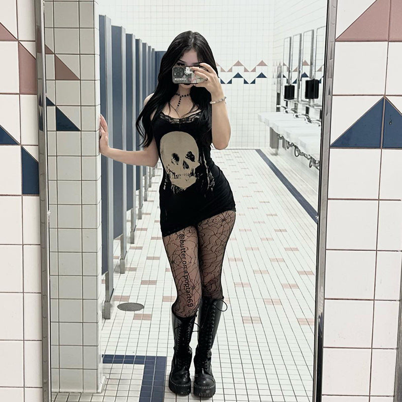 Skull Print Halter Mini Dress Dark Style