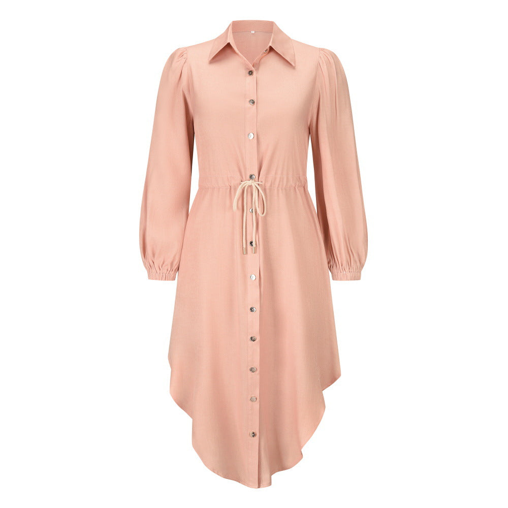 Long-Sleeved Temperament Shirt Mid-Length Tie-Up Waist Dress