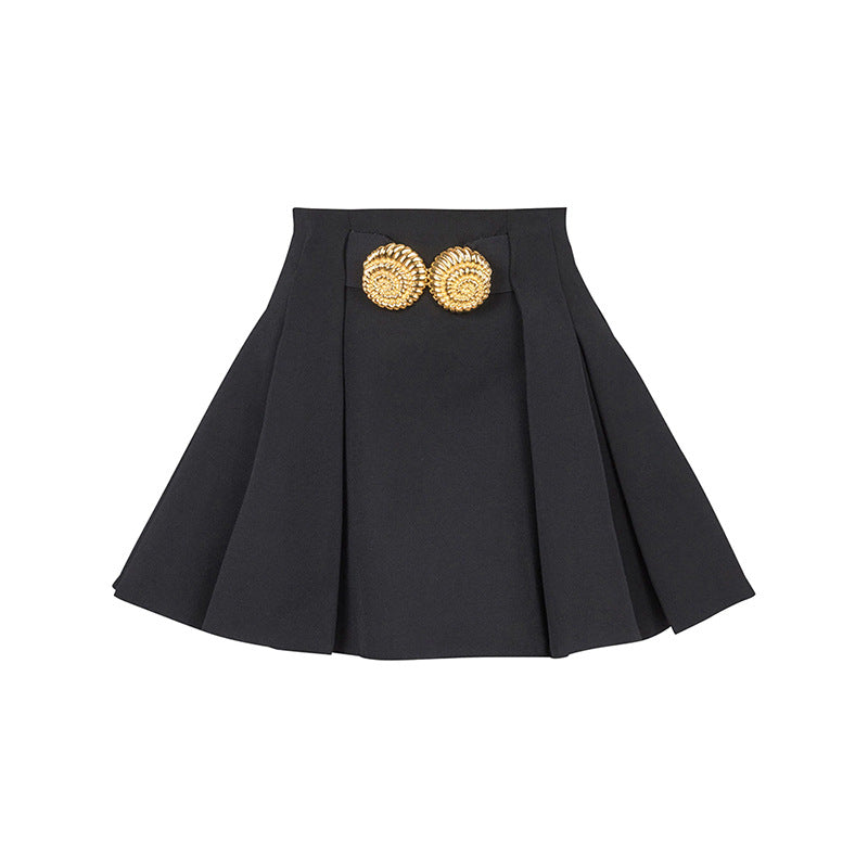 Pleated Mini Skirt With Metal Buckle Street Style