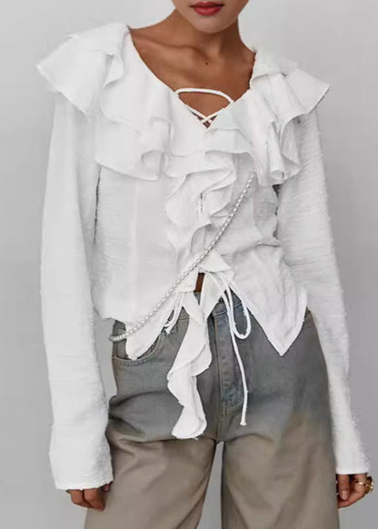 Ruffled Lace Up Blouse In White Cotton