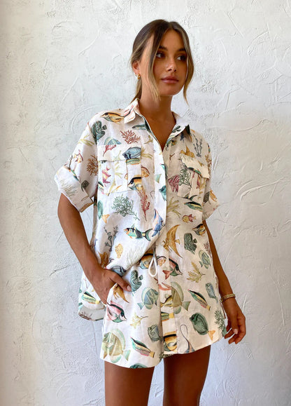 Fish Print Casual Short Sleeve Set for Vacation