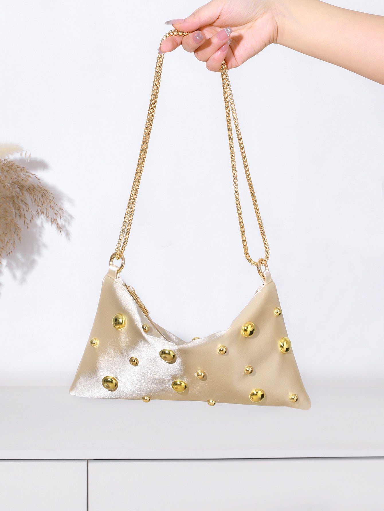 Elegant Satin Clutch Studded Evening Shoulder Bag
