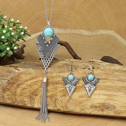 Retro Ethnic Long Pendant Necklace and Earring Set with Turquoise Accents
