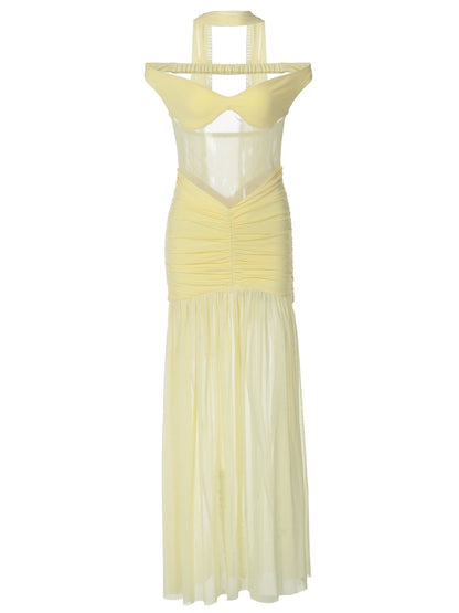 Elegant Sheer Mesh Bodycon Maxi Dress with Off-Shoulder Design