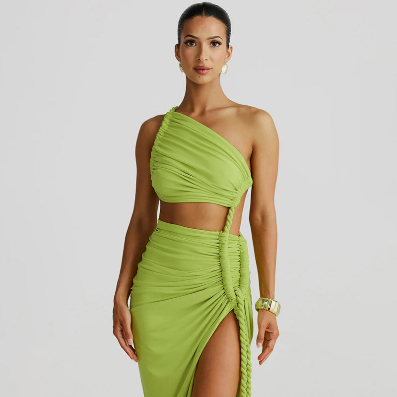 Trendy One-Shoulder Lace-Up Backless Maxi Dress
