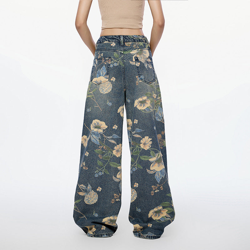 Flower Printed High Rise Wide Leg Baggy Jeans